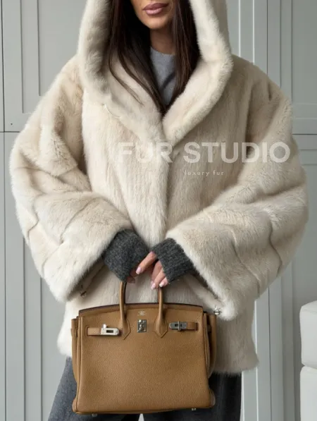 Норковый полушубок с капюшоном кобра - фото 3