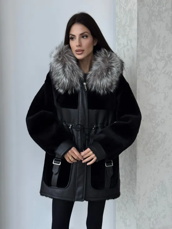 Дубленка женская из овчины на кулиске, капюшон - отделка из чернобурки - фото 6