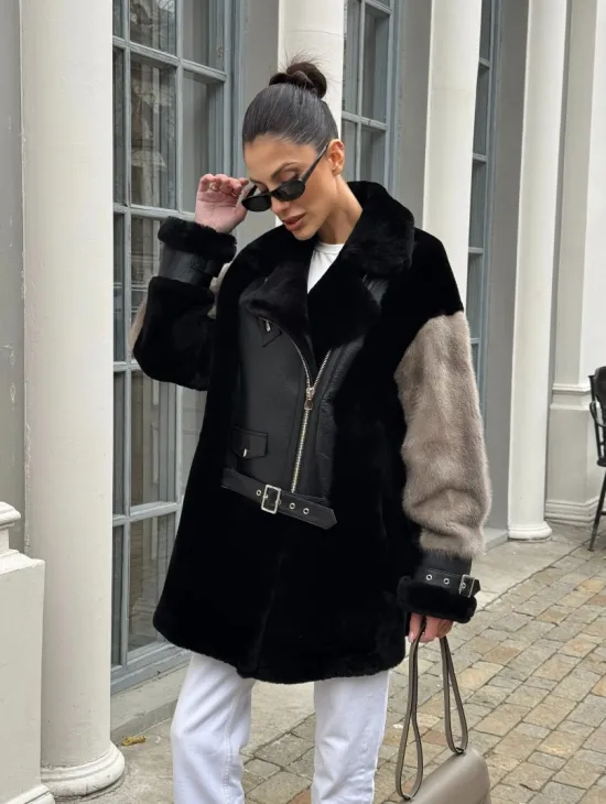 Удлиненная дубленка из натурального мериноса с отделкой из меха норки - фото 0