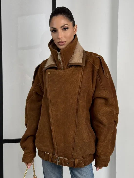 Зимняя натуральная замшевая куртка - дубленка с лацканами - фото 0