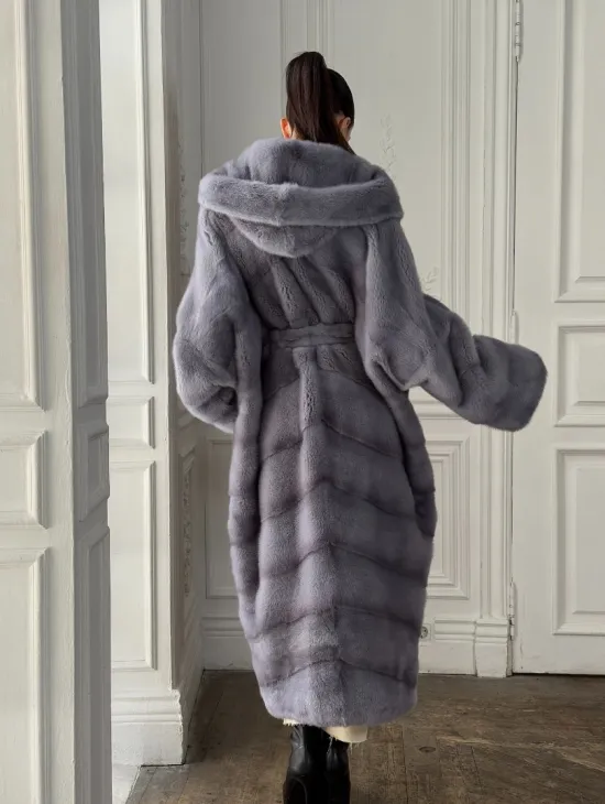 Длинная голубая норковая шуба с капюшоном PLUS SIZE - фото 6