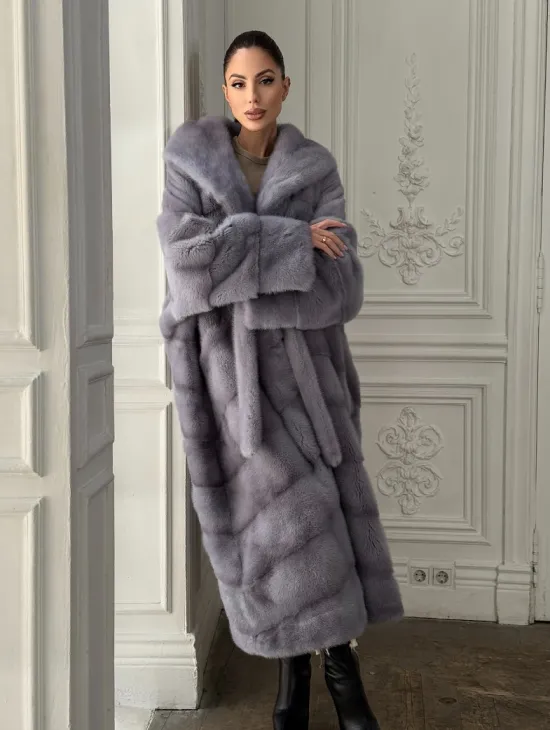 Длинная голубая норковая шуба с капюшоном PLUS SIZE - фото 3