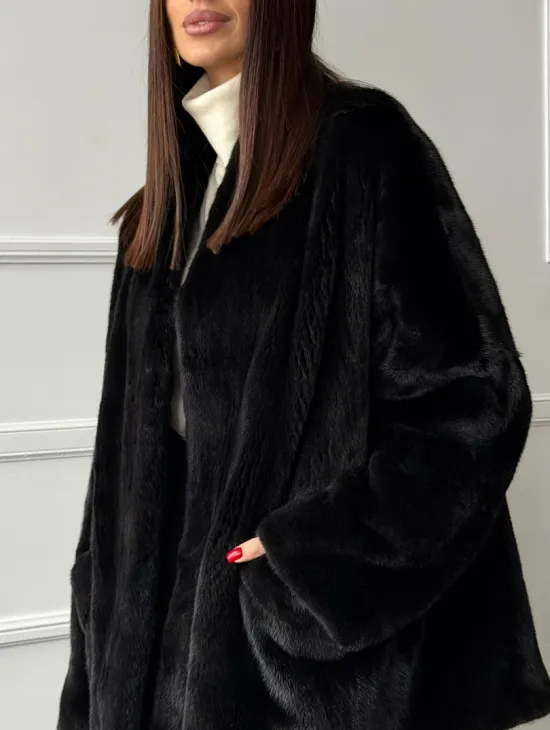 Жакет - шуба из норки BLACK с V-образным воротником, косыми карманами - фото 2