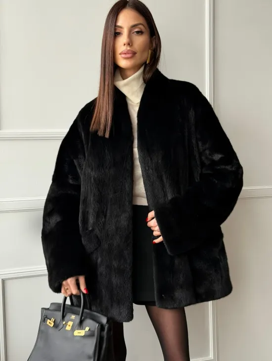 Жакет - шуба из норки BLACK с V-образным воротником, косыми карманами - фото 6