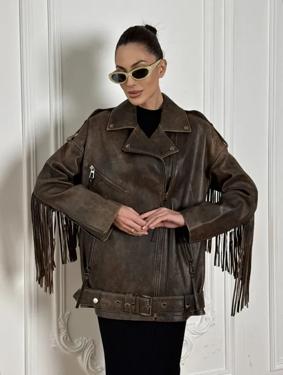 Косуха Vintage brown с кожаной бахромой на спине - фото 6
