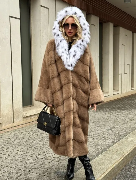 Норковая шуба больших размеров в стиле Бохо с капюшоном под рысь - фото 6