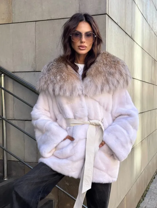 Норковая шуба с мехом рыси - белая - фото 9