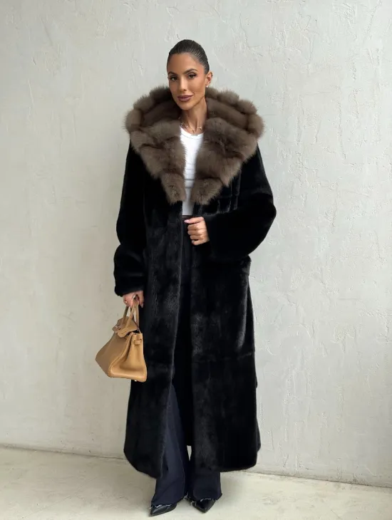 Черная норковая шуба с поясом - капюшон куница - фото 11