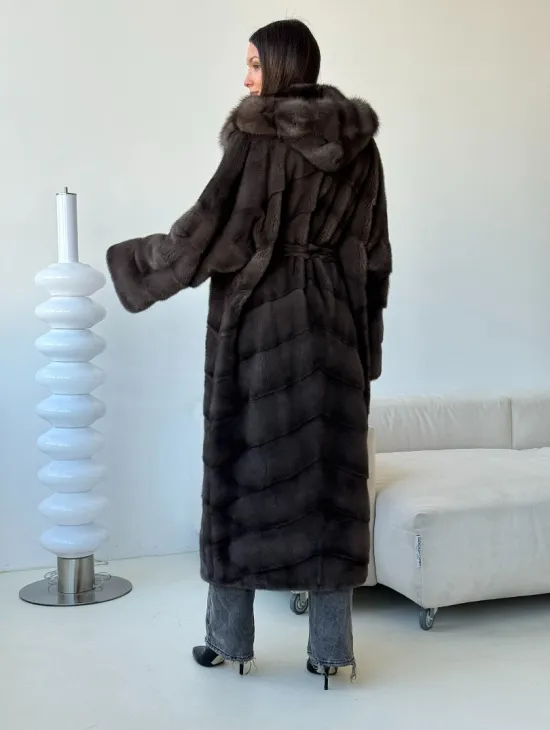 Длинная норковая шуба с капюшоном - графит - фото 9
