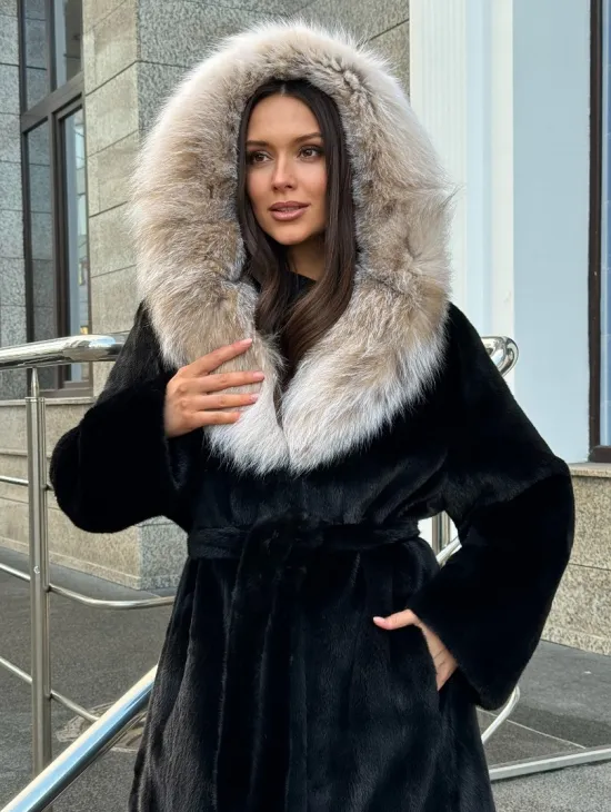 Черная норковая шуба с капюшоном из рыси - фото 9