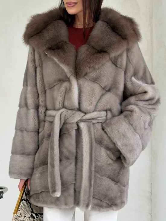 Серый норковый полушубок - капюшон куница - фото 1