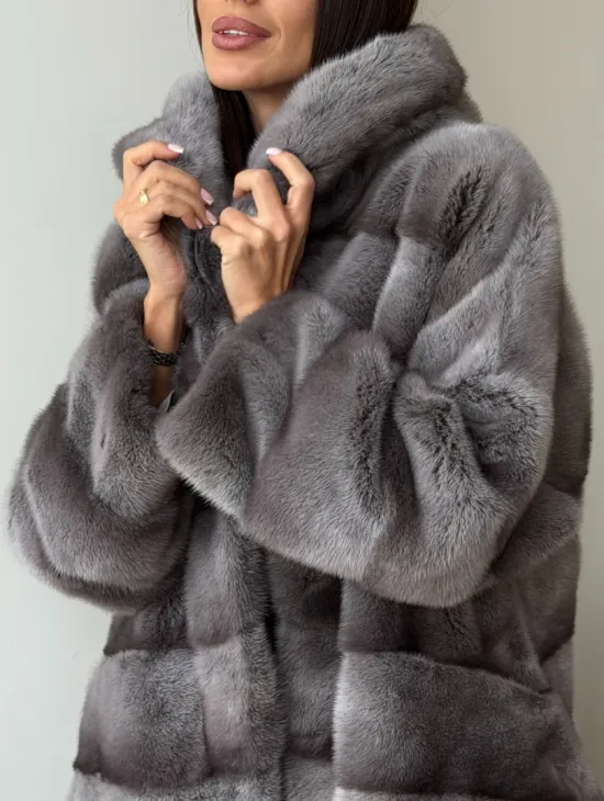 Норковый полушубок с капюшоном - цвет Platinum - фото 3