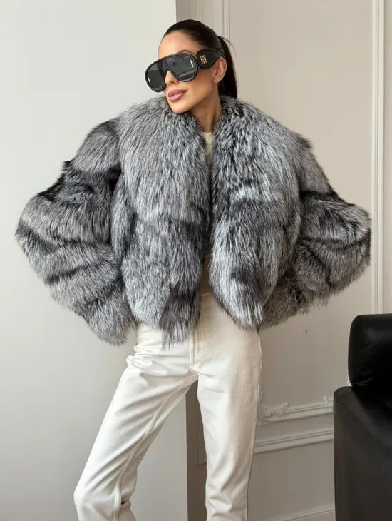 Кроп-полушубок с шалевым воротником из чернобурки - фото 8