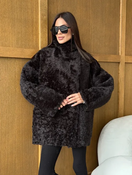 Коричневая двухсторонняя дубленка на овчине тиградо - фото 10