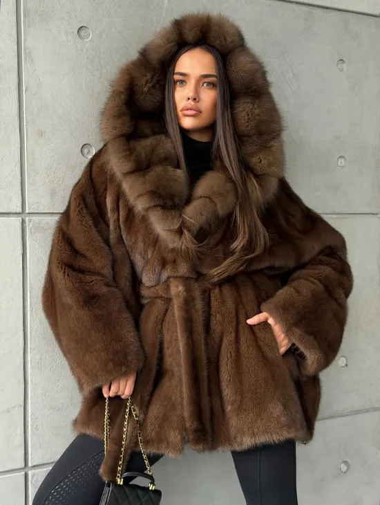 Полушубок норковый летучая мышь - капюшон куница - фото 0