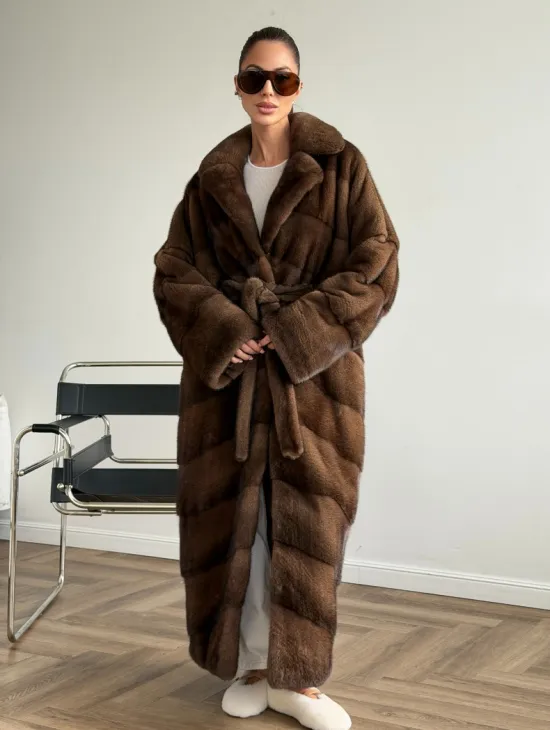 Шуба из плюшевой норки Velvet с английским воротником - цвет соболь - фото 0