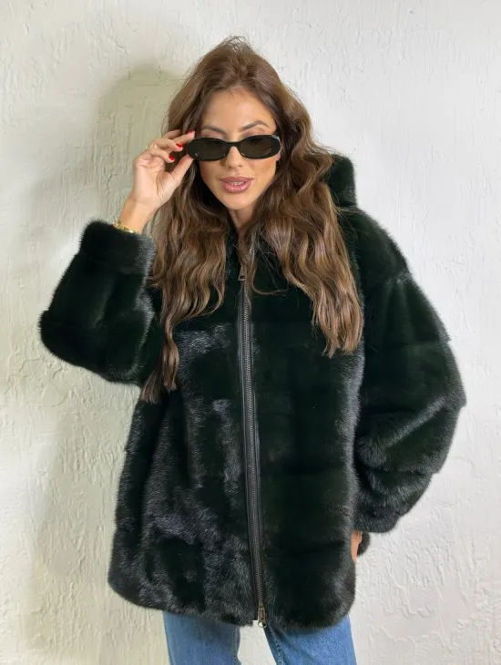 Короткая норковая шуба на молнии - цвет темный изумруд - фото 0