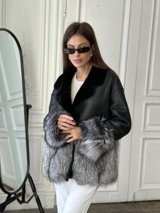 Дубленка с мехом чернобурки - цвет черный - фото 6