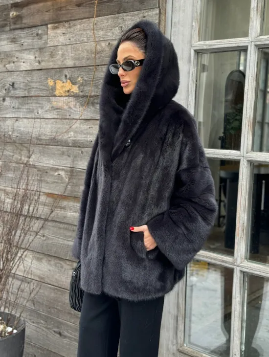 Шуба норковая с капюшоном - цвет графит - фото 4