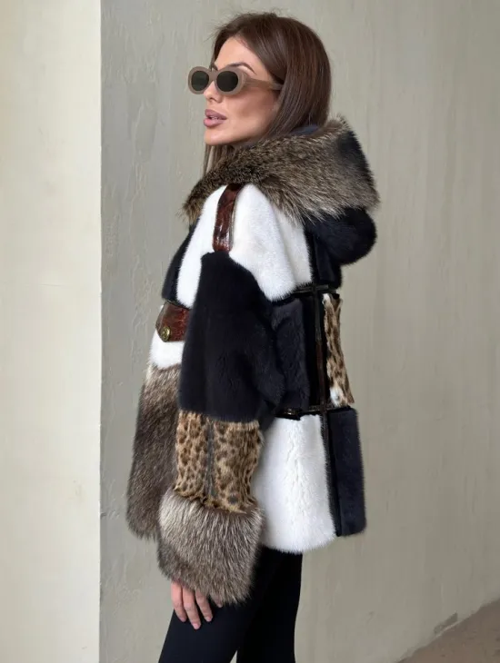 Комбинированная норковая куртка с капюшоном - фото 3