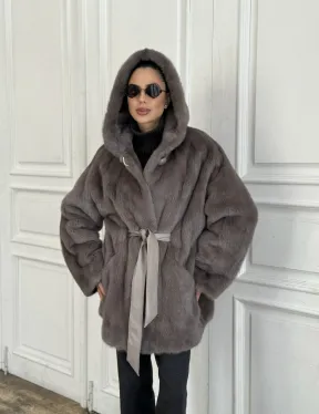 Шуба норковая с капюшоном роспуск - цвет графит - фото 5